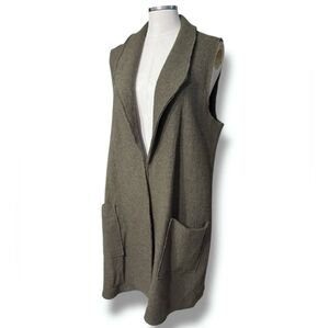 TAHARI Green Boiled Wool Blend Long Open Vest